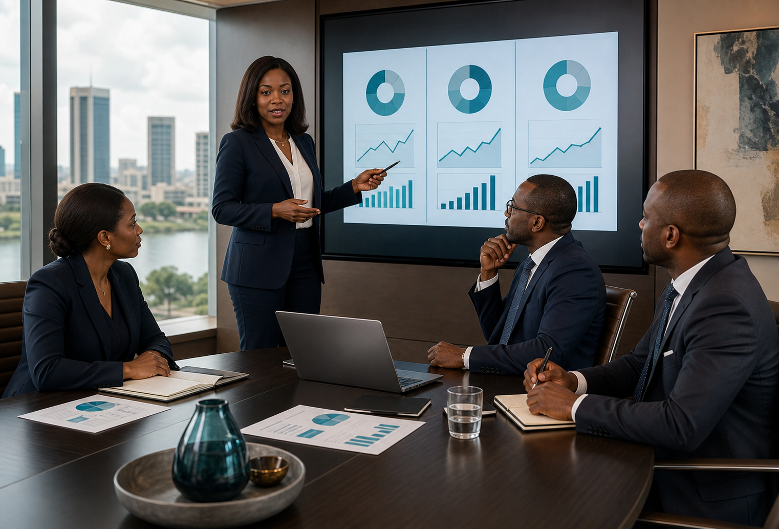 Conseillère de KW Finance Advisory présentant des scénarios financiers à des dirigeants africains